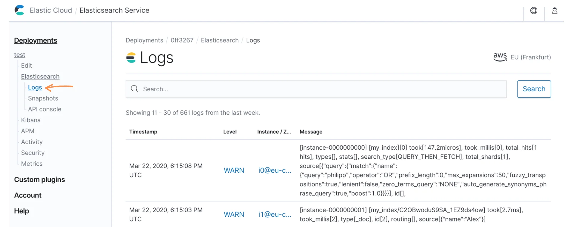 Enabling Elastic Cloud Elasticsearch Slow Logs
