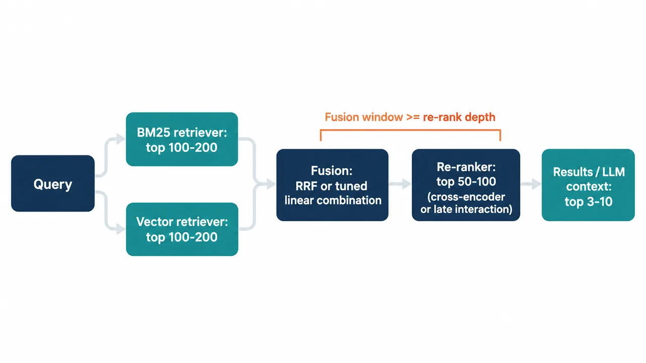 Hybrid search pipeline: BM25 and vector retrievers feed fusion, then a re-ranker, then the final results or LLM context